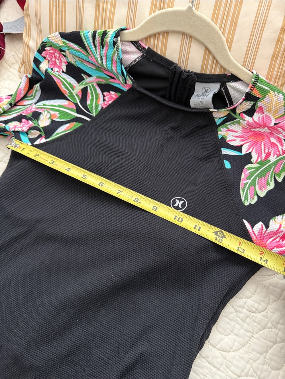 Hurley Black Floral Long Sleeve Rash Guard One Piece Swimsuit UPF 50 Size L - Picture 8 of 17